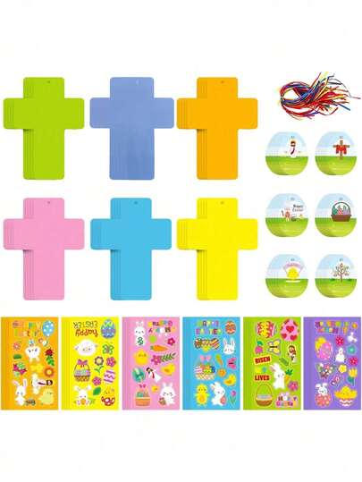 24pcs Easter DIY Cross Decor Egg Sticker Set - Includes Stickers, Ribbons, Scene Cards; Easter DIY Decor Hanging Accessories, Easter Party Decor Hanging, Easter Tree/Wreath DIY Decor, Easter Souvenir Hanging, Easter Party DIY Games, Easter Gift Box Hanging Accessories, Easter Party Guest Favors, Spring Event Decor Supplies, Spring Theme Decor Props