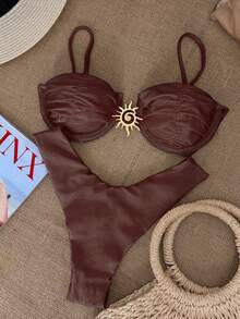 Bikinx Bộ bikini màu trơn ánh kim gợi cảm dành cho nữ, thích hợp cho kỳ nghỉ hè ở bãi biển. - Cà phê nâu - Xem 2