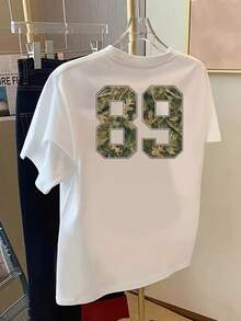 T-shirt imprimé avec motifs recto verso, motif camouflage, modèle numéro 89, t-shirt femme à manches courtes et col rond, coupe confortable, design classique, pièce tendance, haut femme imprimé recto verso. - Blanc - Voir 3