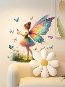 1pc Dreamy Rainbow Butterfly Fairy & Pink Heart Girl Wall Sticker, Glossy PVC Material, Suitable For Home Living Room Wall, Self-Adhesive Removable, Creates Romantic Atmosphere Decor Sticker - Multiple Styles - View 5