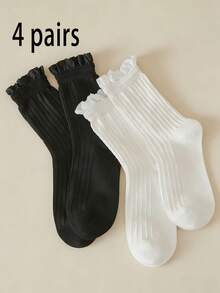 半双装女士蕾丝边中筒洛丽塔袜，白色荷叶边条纹袜，适合日常穿着 - 彩色 - 查看 9