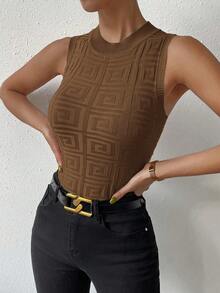 Women's Summer Embossed Knit Camisole Top, Brown, Sleeveless Mock Neck Slim Fit Elegant Casual Wear For Commuting, Dating, Work, Weddings, Workplace, Holidays - Coffee Brown - View 5
