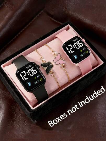 4只装硅胶电子手表，蝴蝶表带，黑粉配色，不含礼盒，是送给朋友、男女朋友的完美礼物，非常适合旅行、度假或毕业季。