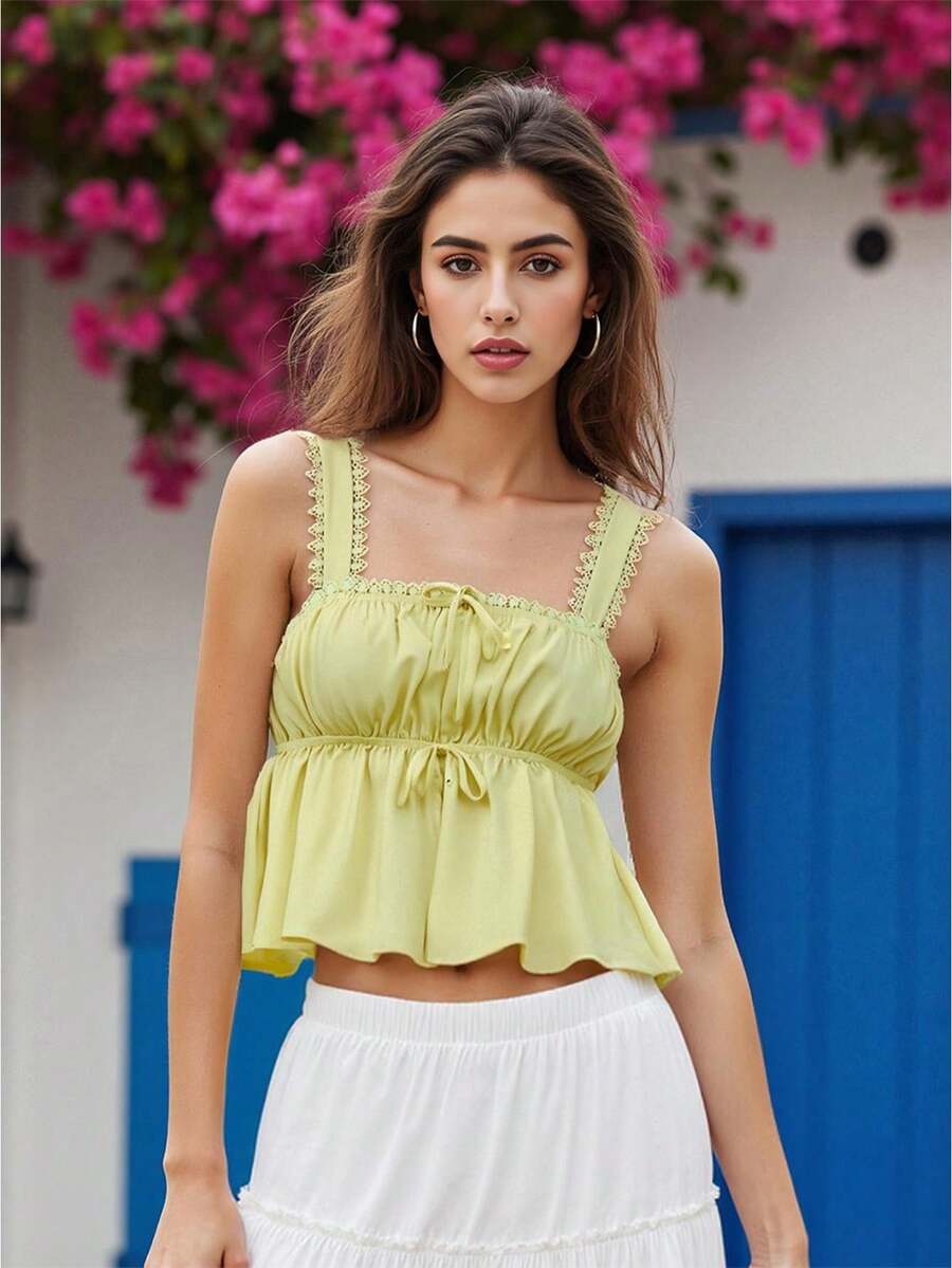 Camisola para mujer, top sin mangas con espalda descubierta, plisado, liso, con lazo, chaleco de verano para fiesta y club. - Amarillo - Ver 1