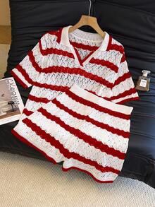 女士条纹 Polo 领短裤套装，时尚休闲宽松镂空薄针织度假两件套，春夏款 - 紅色 - 查看 2
