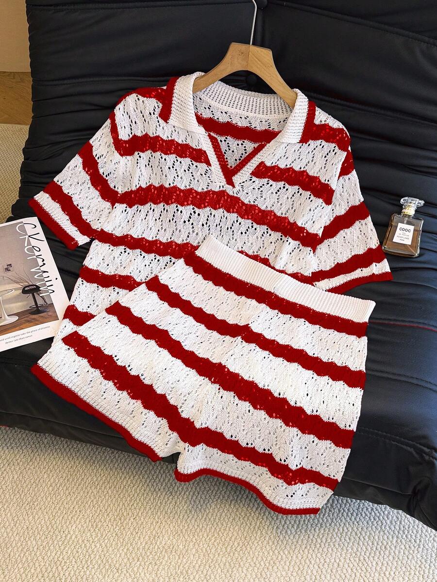 女士条纹 Polo 领短裤套装，时尚休闲宽松镂空薄针织度假两件套，春夏款