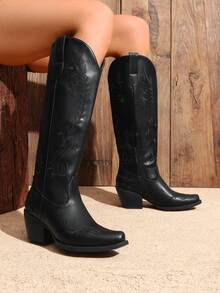 Womens Cowboy Boots Knee High Western Retro Embroidered Cowgirl Boots Comfortable Square Toe Tall Boots - 黑色 - 查看 1