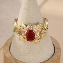 Luxury Copper Crafted Maple Leaf Ring, Inlaid With Red Synthetic Zirconia Stone, Best Companion For Women's Daily Wear - Gold - View 4