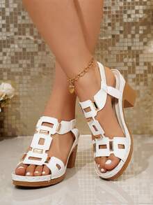 Plus Size Women's Retro Solid Color Buckle Platform Wedge Sandals,Summer Outfits - White - View 6