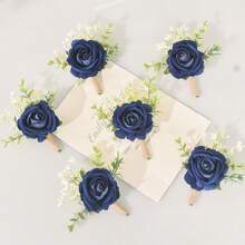 6枚/1枚公主玫瑰花胸针，配白色满天星和人造绿叶，浪漫男士翻领别针，适合婚礼、派对、日常佩戴、情人节配饰 - 藏蓝色 - 查看 7