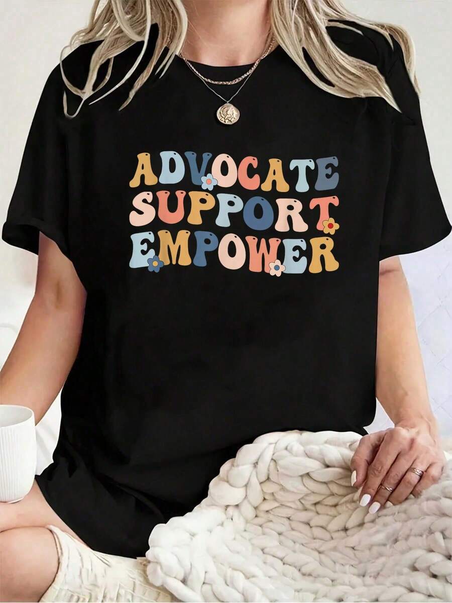 Camiseta 100% Algodón Unisex con Estampado " Advocate Support Empower Groovy Social Worker Graduation MSW ", Camiseta de Manga Corta, Camiseta Gráfica Casual para Hombre y Mujer - Negro - Ver 1