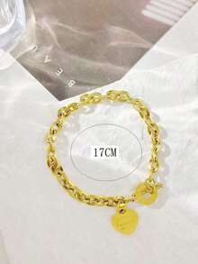 1pc Women's Stainless Steel Classic Heart Engraved Toggle Clasp Steel Chain Bracelet Valentines,Mom,Mother,Mother's Day, - 金子 - 查看 3
