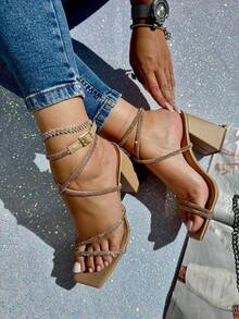 Women's Rhinestone Heeled Sandal With Tie - Sparkly - Elegant / Party - Apricot - View 3