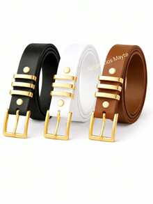 Set Of 3 Women's Belts With Square Buckle, Plus Size - đen, trắng, caramel - Xem 2