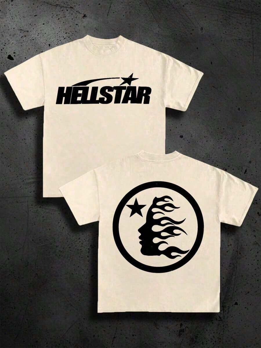 (220 Cotton T-Shirt Double-Sided Printing) Black 1pc Flame & Star Graphic T-Shirt, Y2K, Streetwear, Digital Print T - Shirt Casual Comfort Cotton Tee For Spring & Summer Fall Men's Clothing, Gift, Unisex Print Y2K Crew Neck T Shirt For Women, Holiday, Vacation, Spring, Festivalsummer Clothes,Men Graphic Tees,Vintage T Shirts - Apricot - View 1