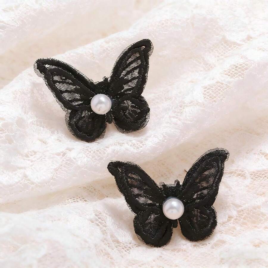 1对简约个性INS风涤纶甜美优雅百搭耳环，适合女性日常及居家佩戴 - 黑色 - 查看 1