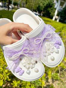 10pcs Purple Lace Bow Decorations, Suitable For Clogs, Sandals, Beach Shoes, Garden Shoes, DIY Accessories - Purple Lace Bow - View 3