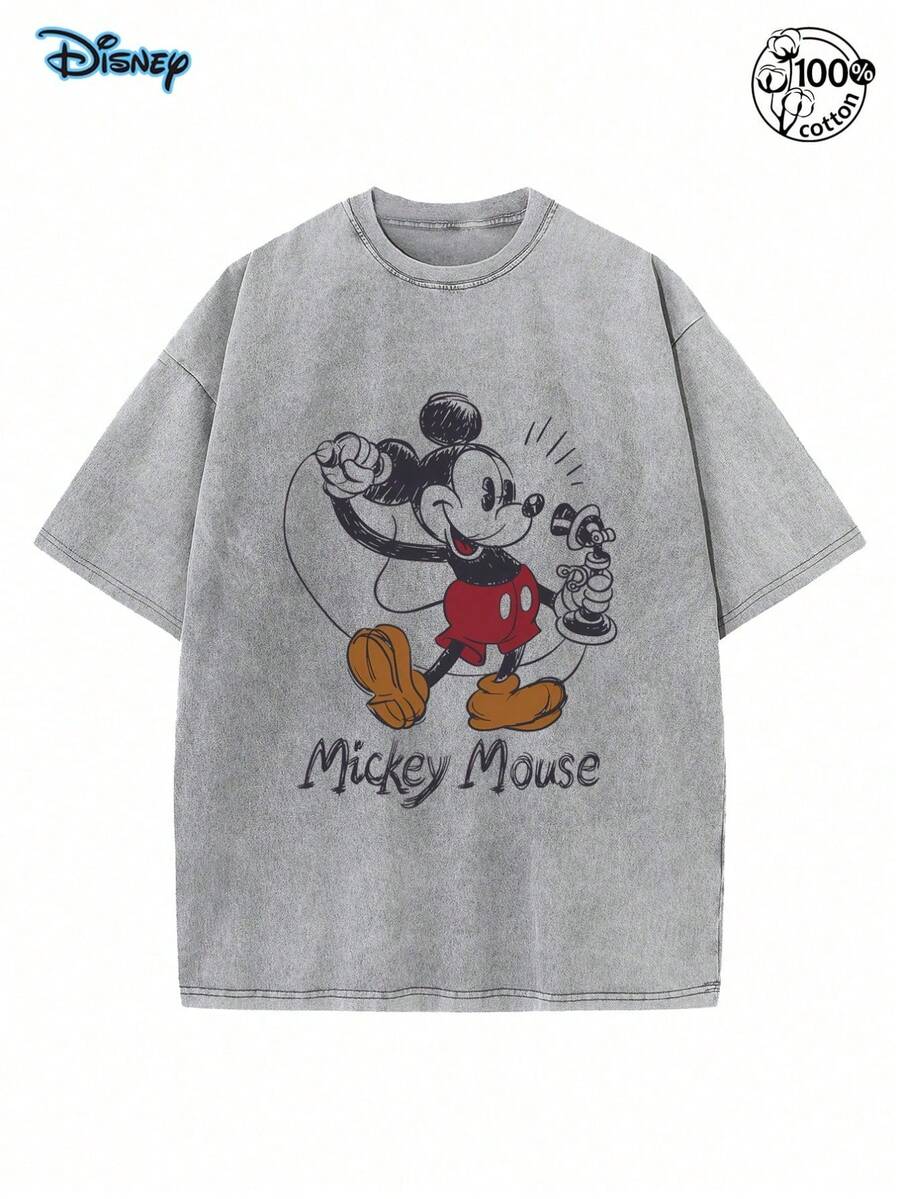 Disney Officially Licensed  Mouse "Vintage Telephone" Vintage Washed 230g T-Shirt Unisex - 灰色 - 查看 1