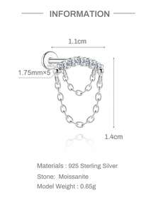1Pc Dainty Edgy 925 Sterling Silver Chain Tassel Moissanite Pave Flat Back Threaded Cartilage Piercing Earring, Hypoallergenic Stud Jewelry Gift For Women Girls Daily Wear Party Wedding Season - Silver - View 6