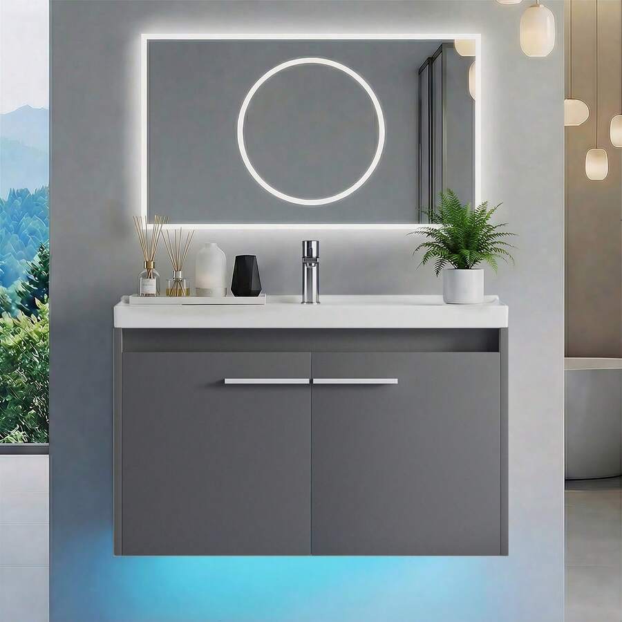 31" Floating Bathroom Vanity With Sink Combo, Wall Mounted Bathroom Vanity Cabinet With LED Light, 2-Door Bathroom Storage Cabinet For Small Bathroom, White/Grey/Black, (USB LED Strip) - Grey - View 1