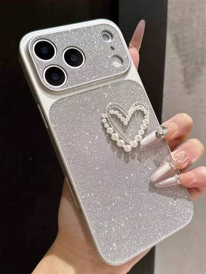 Funda de teléfono suave con brillo de perlas 3D en forma de corazón, chapada en oro, compatible con iPhone 17 Pro Max, 17 Pro, 17, 16 Pro Max, 16 Pro, 16, 15 Pro Max, 15 Pro, 14 Pro Max, 14 Pro, de unicolor brillante con protección para la cámara