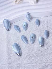 10pcs Handmade Almond-Shaped Silver Metal Nail Stickers, French Pointed Design, Light Blue Cat Eye Effect, Silver Star Diamond Accents. Fashionable Luxurious, High-End. Suitable For Various Occasions To Match Different Outfits. Easy To Apply And Remove, One-Click Nail Art - Baby Blue - View 5