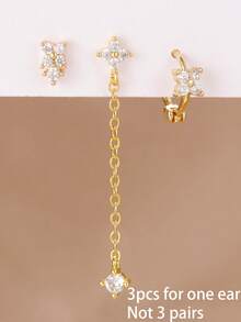 3件套流苏链锆石耳钉套装，18K金不锈钢花朵耳钉，美观饰品 - 3PCS-金 - 查看 4