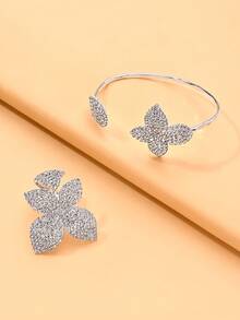 Set de joyería de 2 piezas con brazalete y anillo de flor con rhinestones dorados, set de joyería de flor grande para mujer, accesorios para fiestas - Plateado - Ver 5