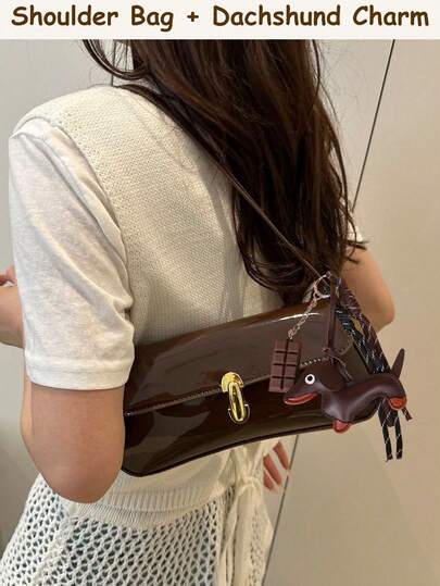 An Elegant Women's Handbag, Shoulder Tote Bag, Adorned With A Cute Dachshund Charm, Suitable For Daily Commutes, Dates, Business Casual Occasions, And Parties.