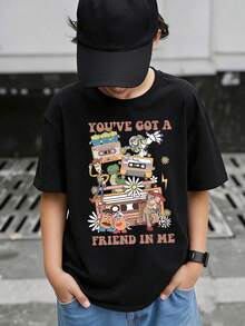 Disney Woody, Buzz, And Other Characters Are Layered On A Retro Cassette Tape Design, Paired With The Song "You've Got A Friend In Me", Creating A Strong Sense Of Nostalgia Print Pattern Summer Tops,Short-Sleeved Casual And Cute Style  Children's Clothing Design, Boy Clothes For Kids ,Ropa Para Niños,Boy Clothes For Kids,Graphic Tee, Summer Clothes,Perfect For Cool Boy. Comfortable And Breathable Children's Short-Sleeved T-Shirt. Comfortable And Casual Wear All Year Round 180g Pure Cotton Children's Clothes,Comfortable & Lightweight, Iconic Print For Mix-And-Match Outfits,Suitable For Both Boys And Girls. - Black - View 1