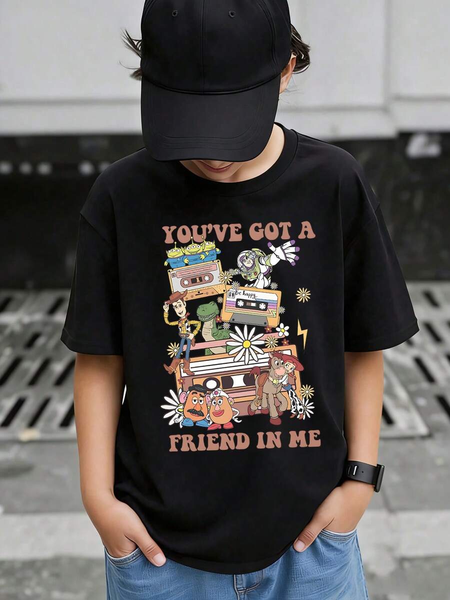 Disney Woody, Buzz, And Other Characters Are Layered On A Retro Cassette Tape Design, Paired With The Song "You've Got A Friend In Me", Creating A Strong Sense Of Nostalgia Print Pattern Summer Tops,Short-Sleeved Casual And Cute Style Children's Clothing Design, Boy Clothes For Kids ,Ropa Para Niños,Boy Clothes For Kids,Graphic Tee, Summer Clothes,Perfect For Cool Boy. Comfortable And Breathable Children's Short-Sleeved T-Shirt. Comfortable And Casual Wear All Year Round 180g Pure Cotton Children's Clothes,Comfortable & Lightweight, Iconic Print For Mix-And-Match Outfits,Suitable For Both Boys And Girls. - Black - View 1