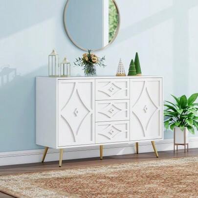 Elegant Kommode Mit Rautenmuster – White Sideboard Mit 3 Schubladen & 2 Türen, Goldfüße, 120*40*80 Cm, Modernes Design Für Wohnzimmer, Flur Oder Schlafzimmer