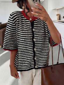 Nuevo suéter de mujer a rayas blancas y negras para primavera/verano 2026, adecuado para el Día de San Valentín y días festivos - Blanco y Negro - Ver 11