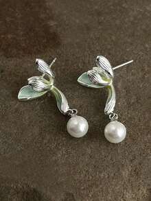 一对原创兰花珐琅水滴珍珠耳环，925银针镀铂金，低致敏性，适合女性日常佩戴 - 蘭花珍珠耳環 - 查看 3