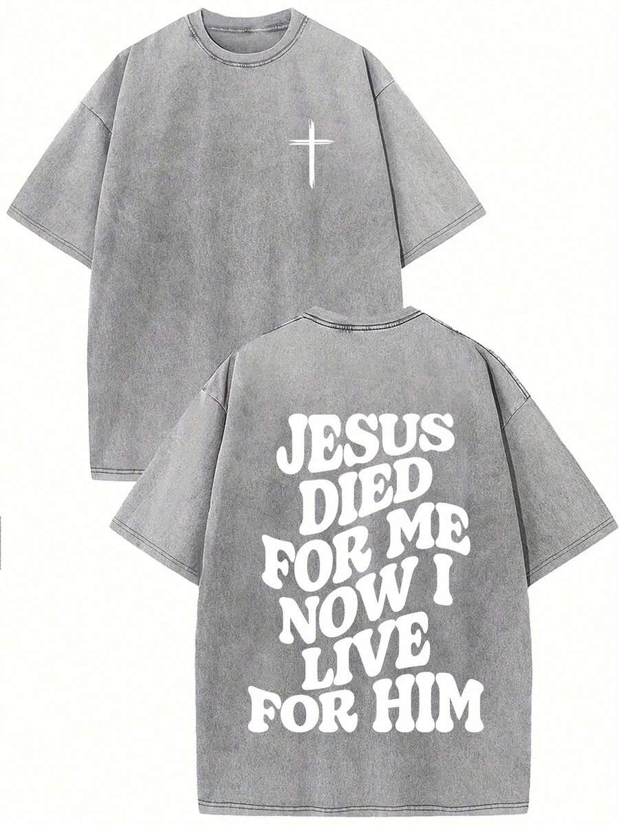 1 Piece 230G Retro T-Shirt For Unisex, JESUS DIED FOR ME NOW I LIVE FOR HIM Print Oversized Cotton Solid Drop Shoulder T Shirts For Men Vintage Streetwear Basic Tees Baggy Hip Hop Unisex Tops Acid Wash T ShirtRound Neck Loose Fit T-Shirt - 灰色 - 查看 1