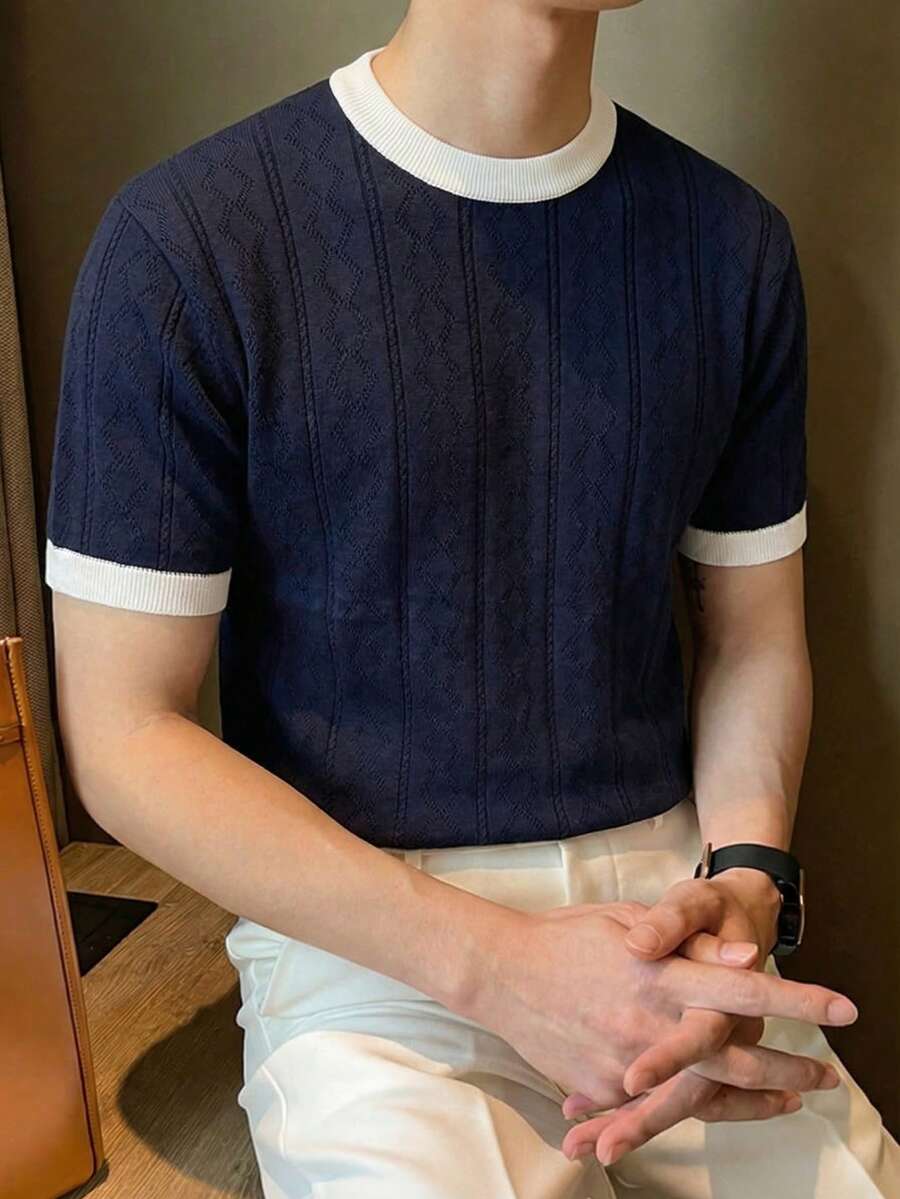 ALTZTAR 男士圆领提花短袖休闲通勤针织衫 - 藏蓝色 - 查看 1