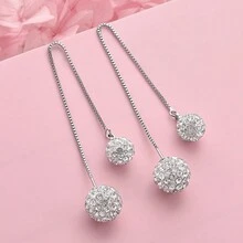 1对925镀银精致双球锆石长款耳钉 女士时尚婚礼派对礼物首饰 - 銀色 - 查看 2