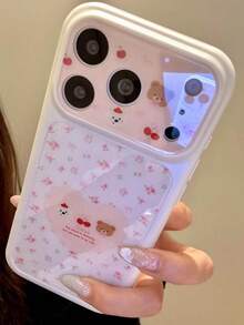 Cute Bow Teddy Bear & Apple Full Screen Pink Tulip Phone Case, Fashionable New TPU Protective Back Cover Gift For IPhone 17 Pro Max, 16, 15, 14 Pro Max - Pink - View 3