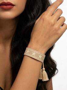 1 pieza Brazalete trenzado hecho a mano con bordado de pentagrama bohemio - Multicolor - Ver 14