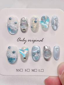 10片珍珠棕色猫眼枫叶可爱美甲贴片，手工制作，适合秋冬季美甲，短款椭圆形假指甲，全覆盖式美甲贴片，DIY美甲用品 - 藍色 - 查看 2