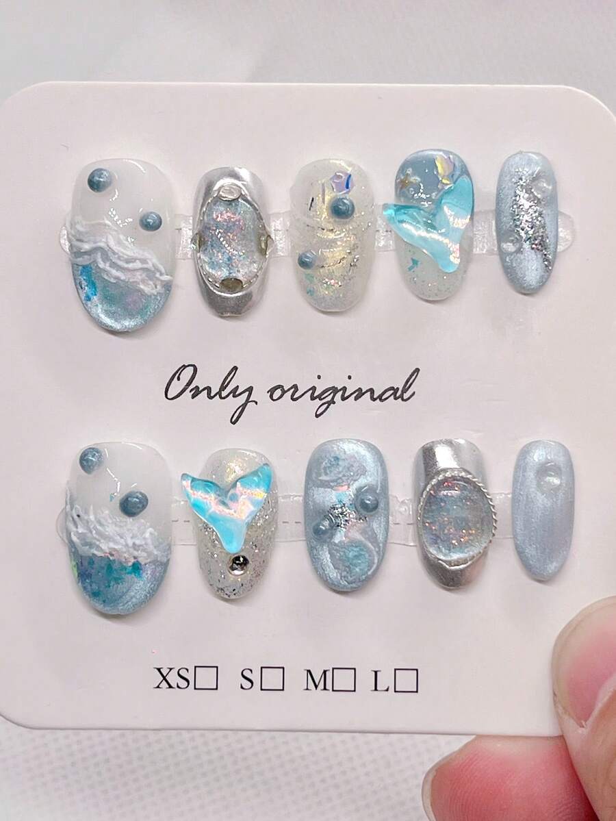 10片珍珠棕色猫眼枫叶可爱美甲贴片，手工制作，适合秋冬季美甲，短款椭圆形假指甲，全覆盖式美甲贴片，DIY美甲用品