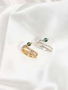 这款精致优雅的蛇形开口可调节扭纹缠绕戒指，镶嵌水钻，绿眼镶满钻石，是一款适合日常佩戴和万圣节的完美珠宝饰品。 - 彩色 - 查看 2