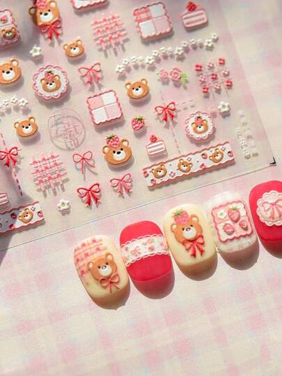 5D立体美甲贴纸 可爱卡通草莓小熊蝴蝶结 迷人美甲3D装饰贴纸 自粘美甲配件贴花 DIY