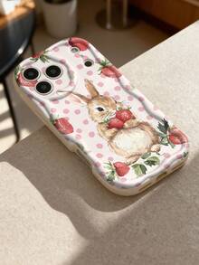 1pc Cute Rabbit & Strawberry Pattern Soft Cream Wavy Edge Personalized Phone Case, Suitable For IPhone 11/12/13/14/15/16/17 Pro Max - Multicolor - View 4
