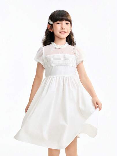 [Vestido de Princesa Bordado Elegante] Vestido de Princesa de Algodón Peinado para Niñas, Estilo de Verano, Mangas de Encaje Abullonadas, Falda Midi con Botones Plegados
