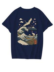 Camiseta de manga corta de cuello redondo azul marino con estampado de ola y grulla japonesa, blusa versátil y elegante para mujer, nueva moda sencilla de verano - Azul marino - Ver 8