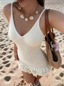 Live To Mo 女士优雅白色镂空针织连衣裙 夏季无袖V领荷叶边派对迷你连衣裙 适合海滩度假和日常穿着必备单品 - 米白色 - 查看 7