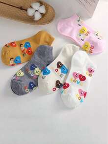 5 Pairs Heart & Letter Print Cartoon Smiling Face Shallow Mouth Socks, Breathable Thin Ankle Socks For Women, Summer - Multicolor - View 1