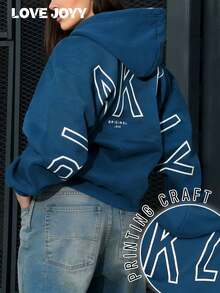 Sudadera holgada con estampado de letras LOVE JOYY para mujer, estilo casual de calle para uso diario, primavera - Azul Marino - Ver 3