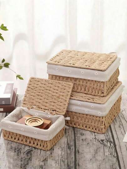 1 pieza/2 piezas/3 piezas Cesta de almacenamiento de escritorio tejida con tapa, adecuada para guardar cosméticos, llaves y aperitivos. Excelente para la sala de estar, el pasillo, la decoración del hogar, el almacenamiento de manualidades y las cestas de regalo de boda.